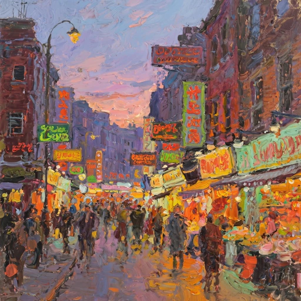 I want an oil painting of a busy market street with gaudy shop signs at dusk.