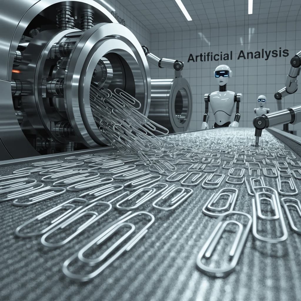 Close up point of view perspective on a conveyor belt pumping out paperclips at a maddening pace. The high tech factory has Artificial Analysis printed proudly on the wall. Robot staff look approvingly over the robust output.