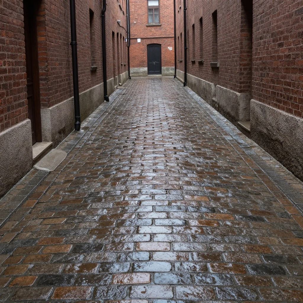 Show a narrow brick alley with wet cobblestones.