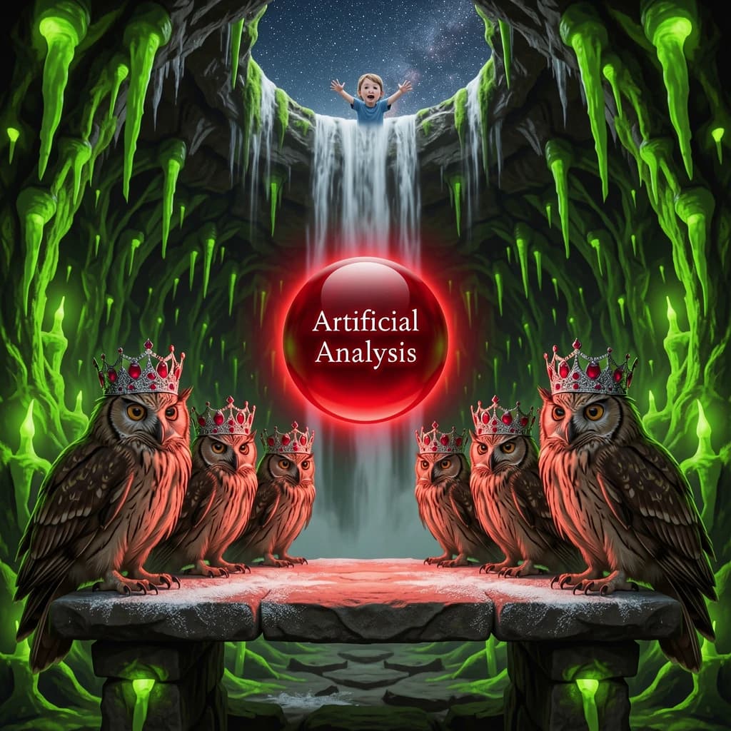 In a cavern lined with bioluminescent fungi glowing lime green, the council of owls wear jeweled crowns that glimmer with rubies, their wings folded behind their backs. Dust coats the stone table, a glowing orb inscribed with “Artificial Analysis” hovers above the table illuminating the owls with its red pulsating light. Behind them, a waterfall falls upward into a ceiling that opens onto stars - a child looks down in wonder from above at what he has stumbled across.