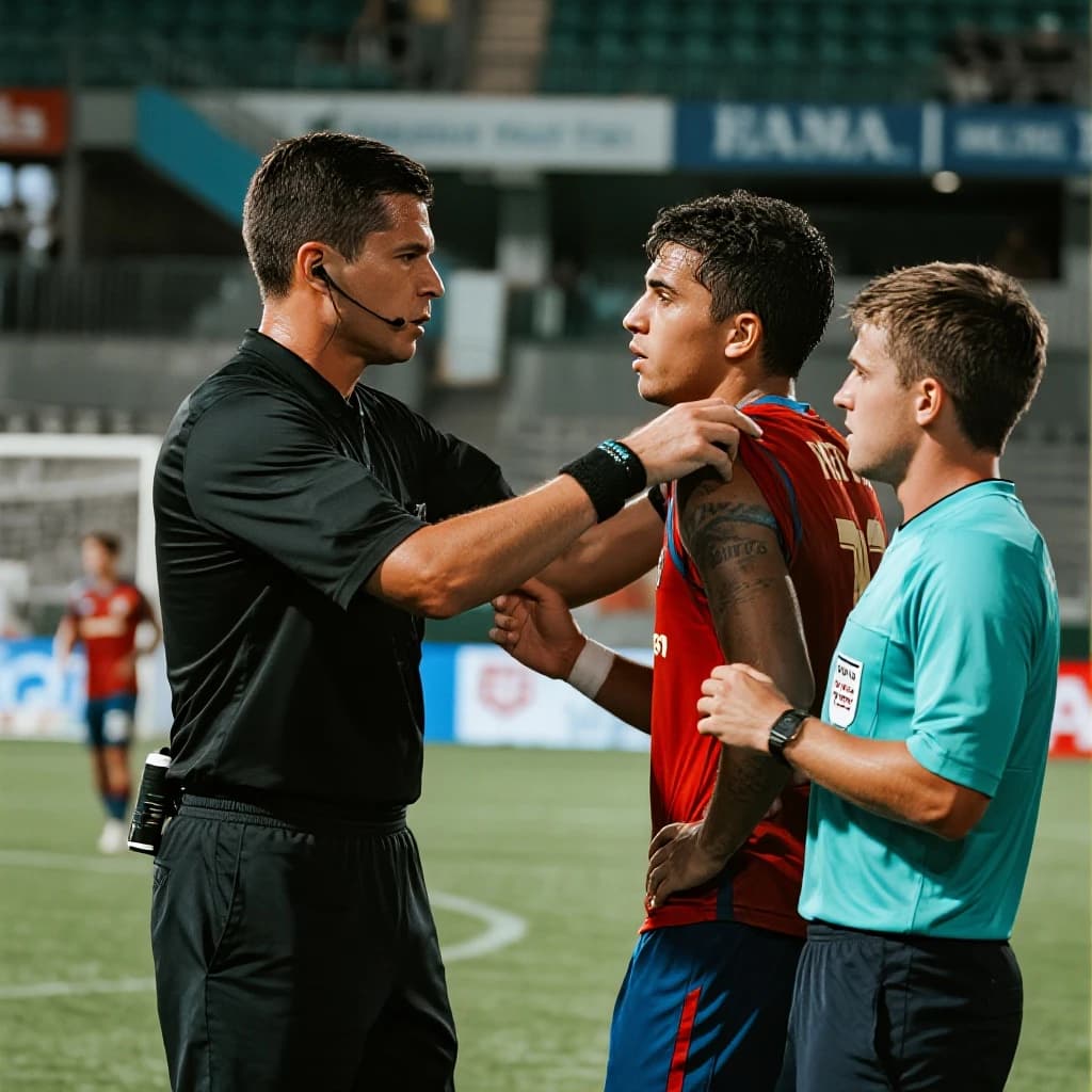The soccer player clashes with the ref. It is thick and humid and the heat is getting to the players. His friend tries to pull him off before he causes any more trouble.