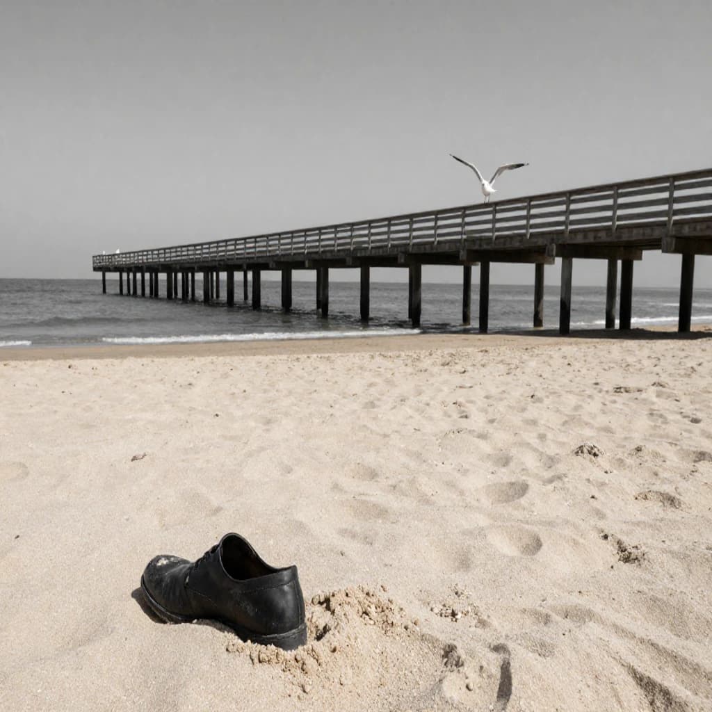 The beach is flat, sand beige, granular, no shells, except for a single left shoe, black leather, size eleven, half buried at an angle. The pier extends straight into the water, wood untreated, grain visible, though the support posts vanish before they touch the surface. The sky is uniformly gray, no clouds, yet shadows stretch at sharp diagonals. A single gull sits on the railing, wings outstretched, frozen mid-flap, no movement.