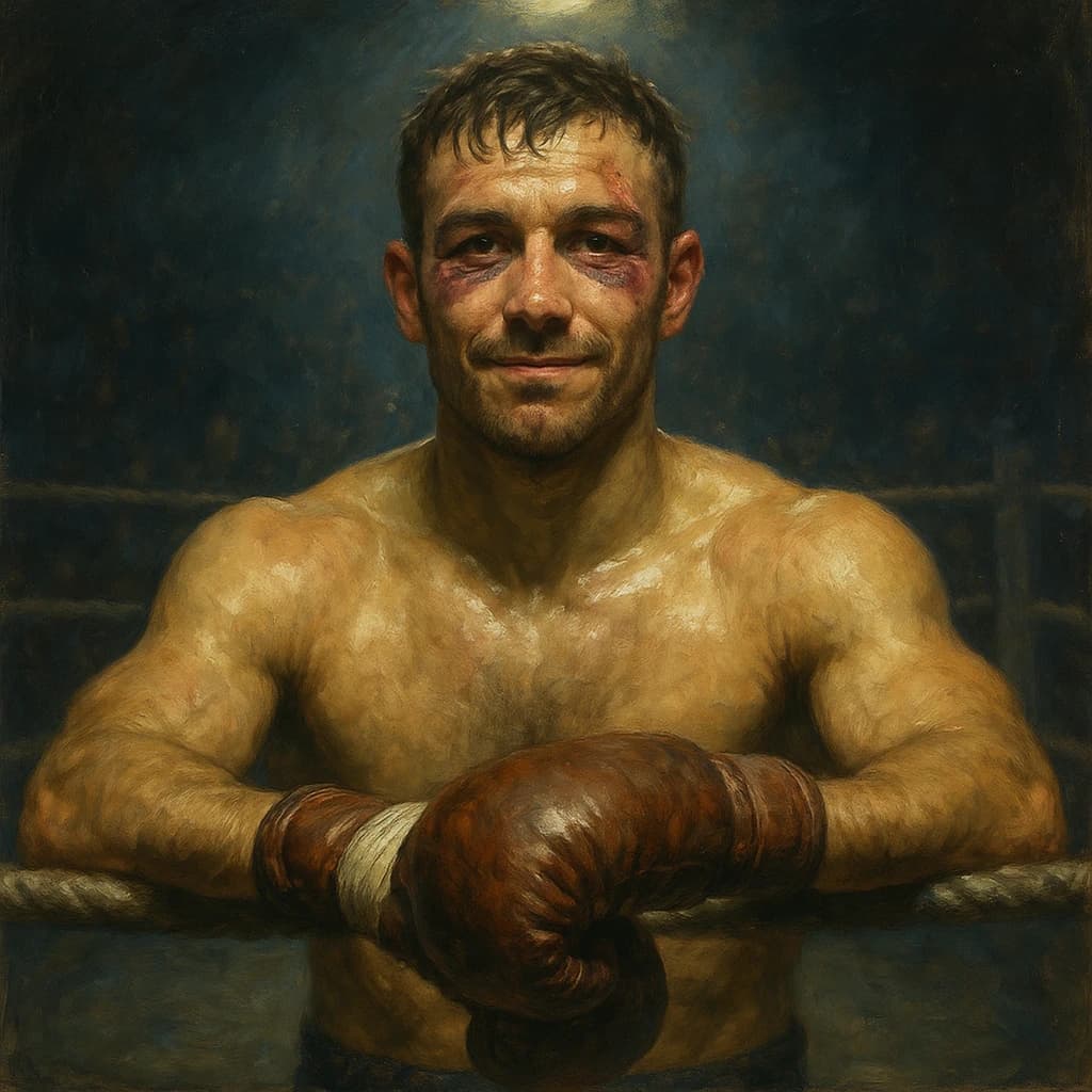 Paint a bruised boxer smiling, serious expression.