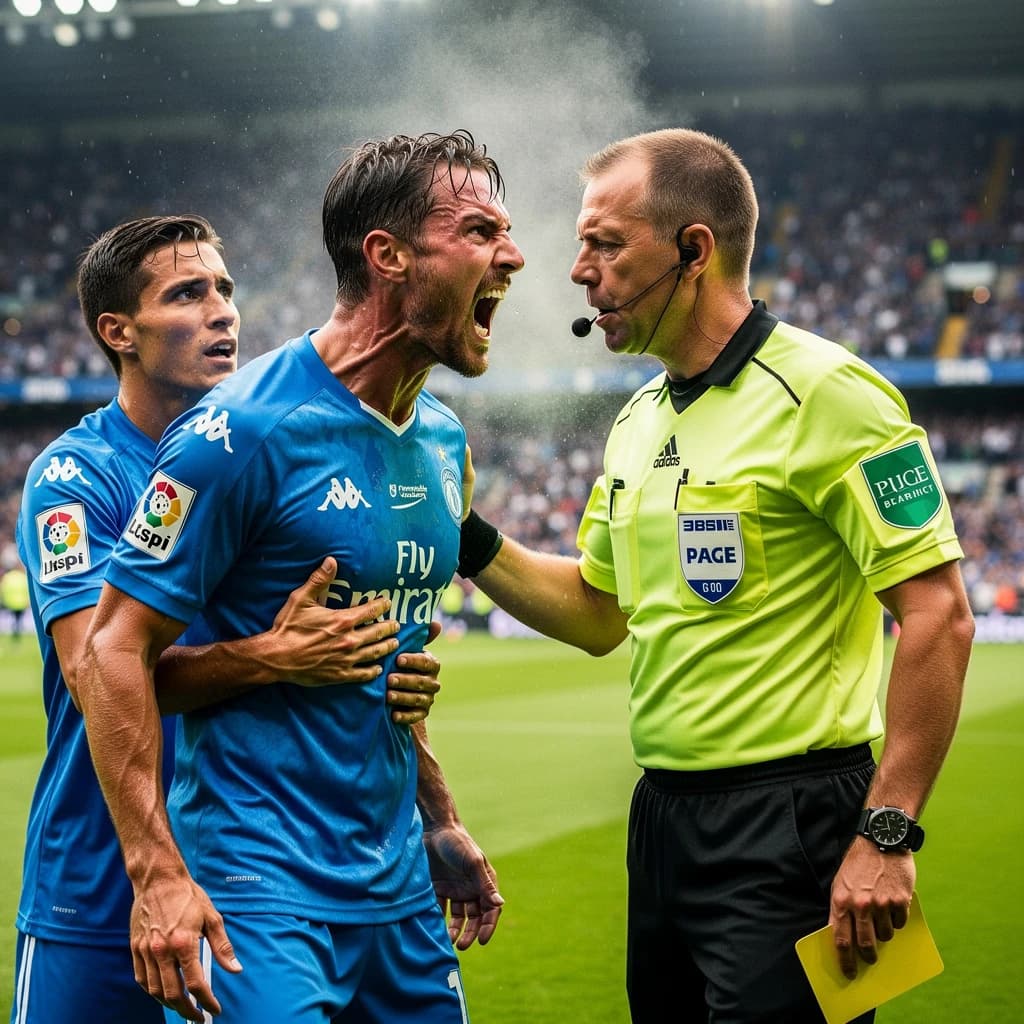 The soccer player clashes with the ref. It is thick and humid and the heat is getting to the players. His friend tries to pull him off before he causes any more trouble.