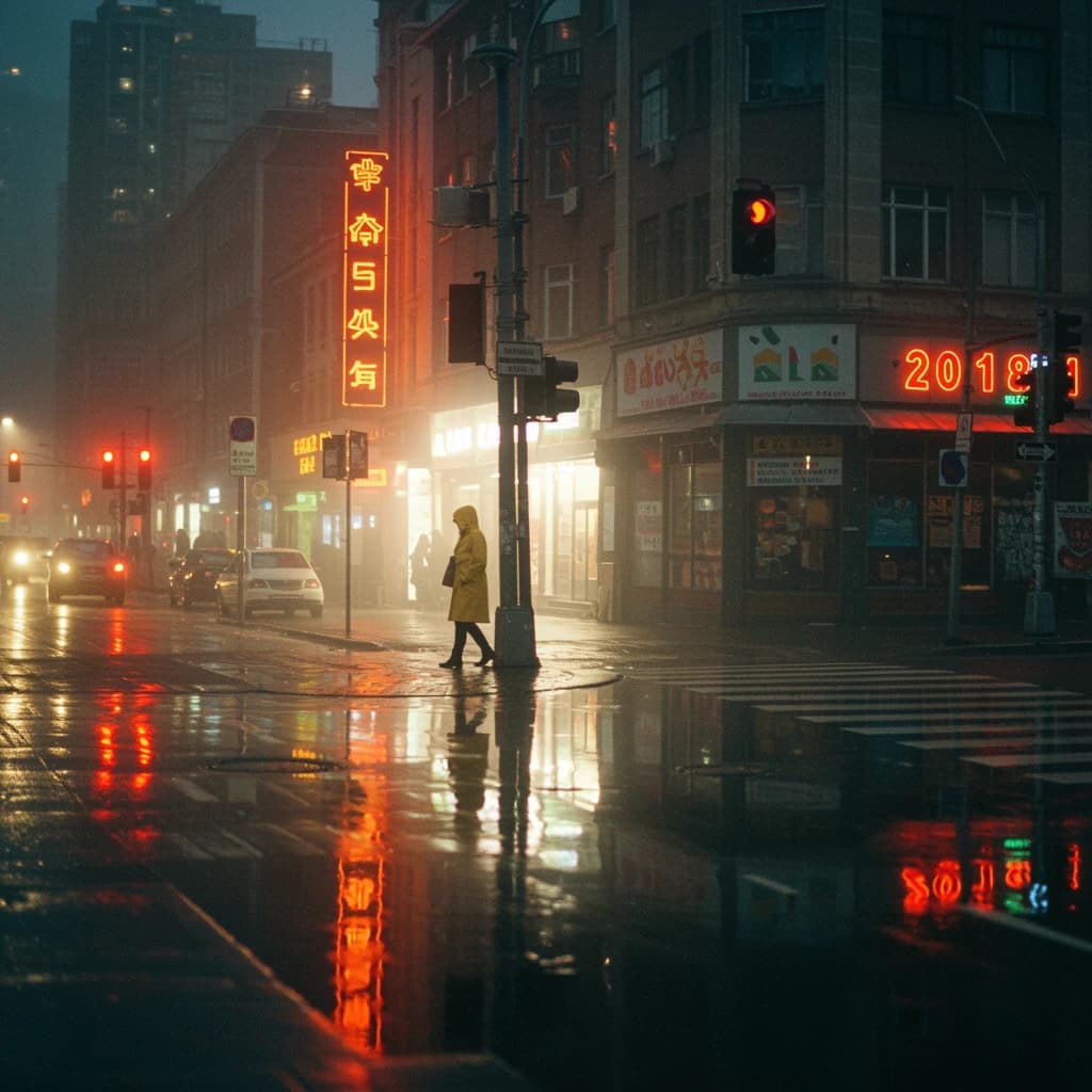 A sunlit city street after rain; puddles mirror neon signs as a woman in a yellow raincoat waits at a crosswalk, soft mist, 50mm look, natural tones, a bit of film grain.
