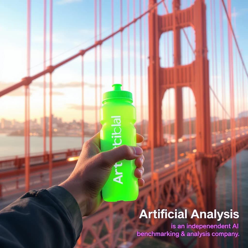 A runner dashes across the Golden Gate Bridge at dawn, sunlight streaming between cables. In their hand, they carry a neon-green sports drink with the brand name Artificial Analysis splashed boldly across the bottle. Motion blur emphasizes speed, while crisp purple sans serif typography overlays the bottom right of the scene with the tagline: Artificial Analysis is an independent AI benchmarking & analysis company
