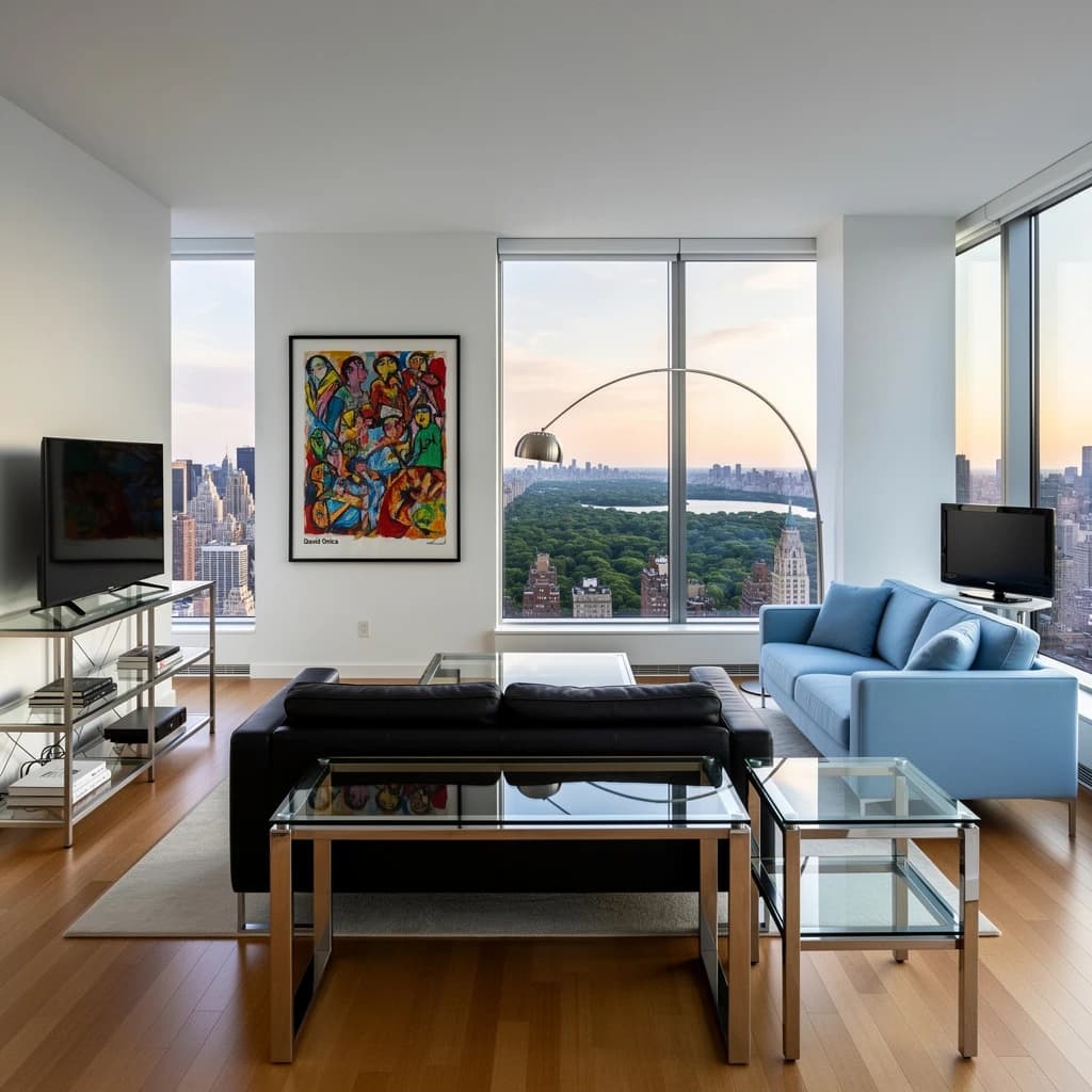 My apartment overlooks Central Park. It’s very luxurious, very expensive, and the furniture is minimal — a black leather couch, a glass coffee table with chrome legs, an Arne Jacobsen floor lamp. A big-screen television set rests on a steel shelving unit. A David Onica painting hangs above the couch. There’s a stainless steel and glass cocktail table. A powder-blue sofa. A thirty-inch digital TV.