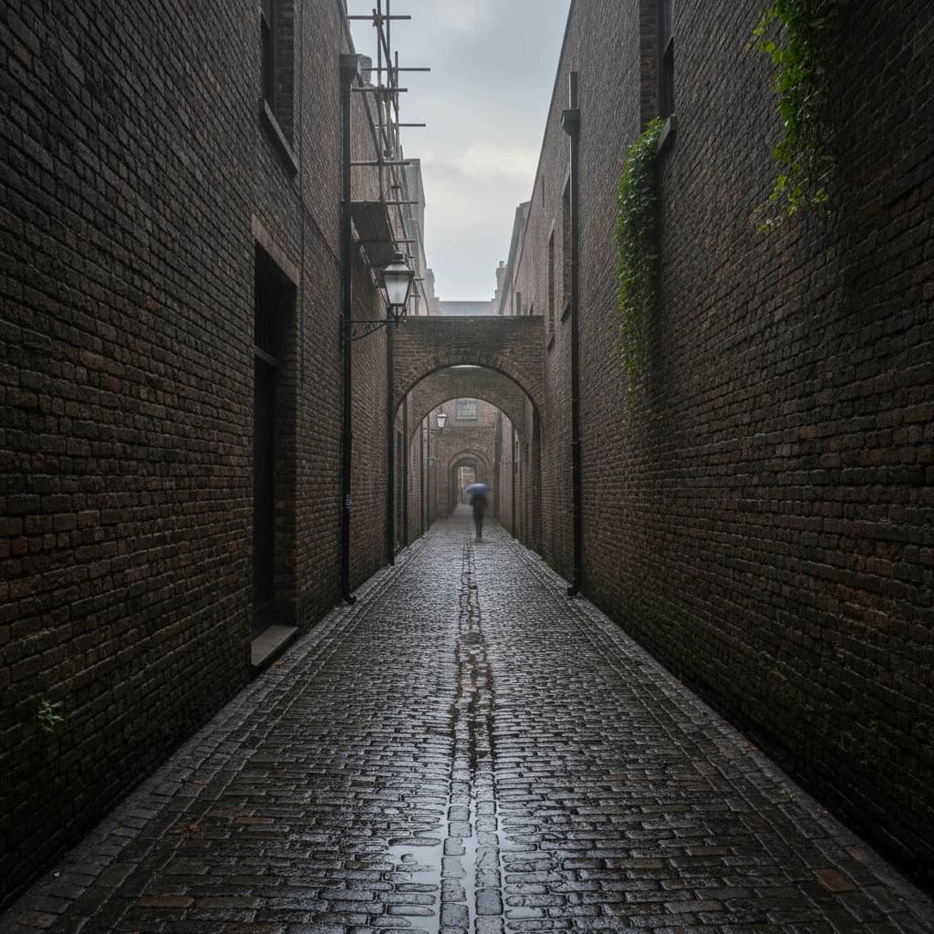 Show a narrow brick alley with wet cobblestones.