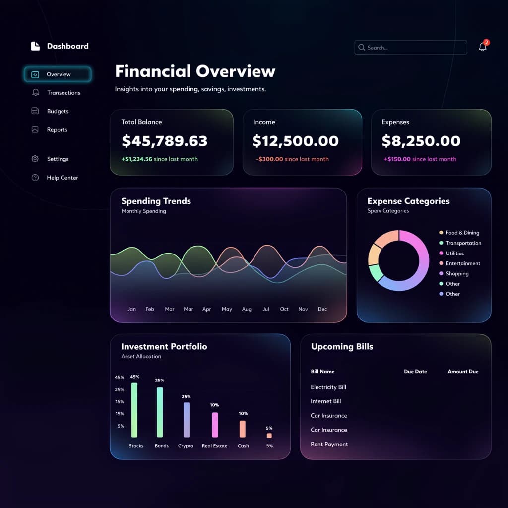 Make a dark mode finance dashboard with charts, glassmorphism, soft neon glow.