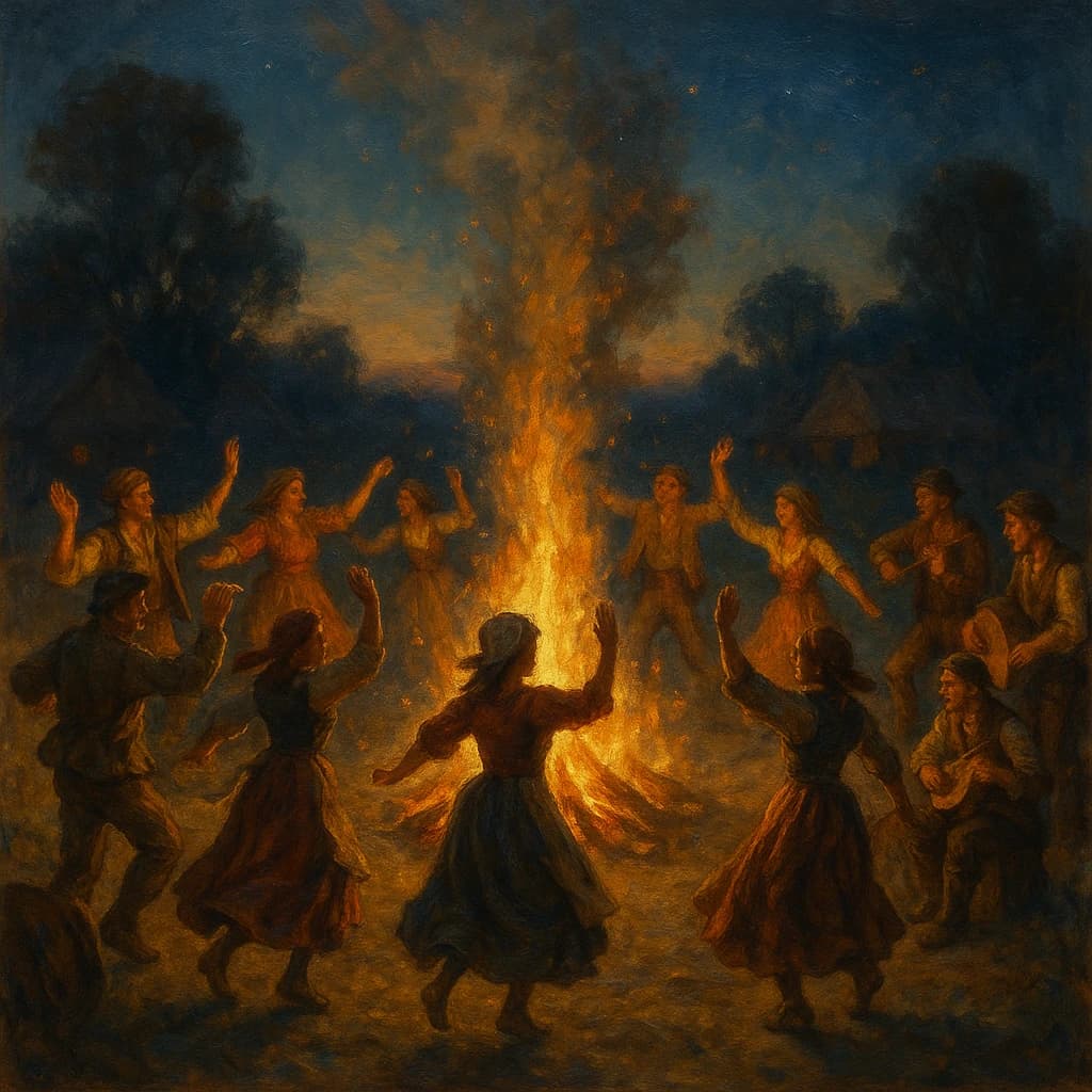Make an oil painting of villagers dancing by a bonfire at dusk, a bit smoky.