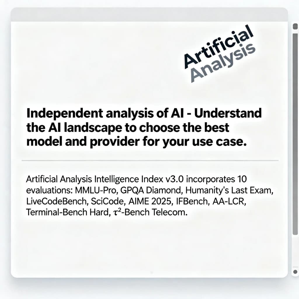 On a white dashboard with thin gray dividers, place a centered header in Helvetica Neue Bold, 20pt: “Independent analysis of AI - Understand the AI landscape to choose the best model and provider for your use case.” Directly beneath, a subheader in smaller Regular weight, 14pt: “Artificial Analysis Intelligence Index v3.0 incorporates 10 evaluations: MMLU-Pro, GPQA Diamond, Humanity's Last Exam, LiveCodeBench, SciCode, AIME 2025, IFBench, AA-LCR, Terminal-Bench Hard, 𝜏²-Bench Telecom.” The header is fully justified but the subheader is left-aligned. In the upper right corner, the Artificial Analysis logo appears watermarked, diagonal, faint gray, partially overlapping the scrollbar.