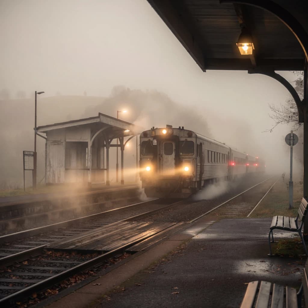 A commuter train enters a foggy little station.