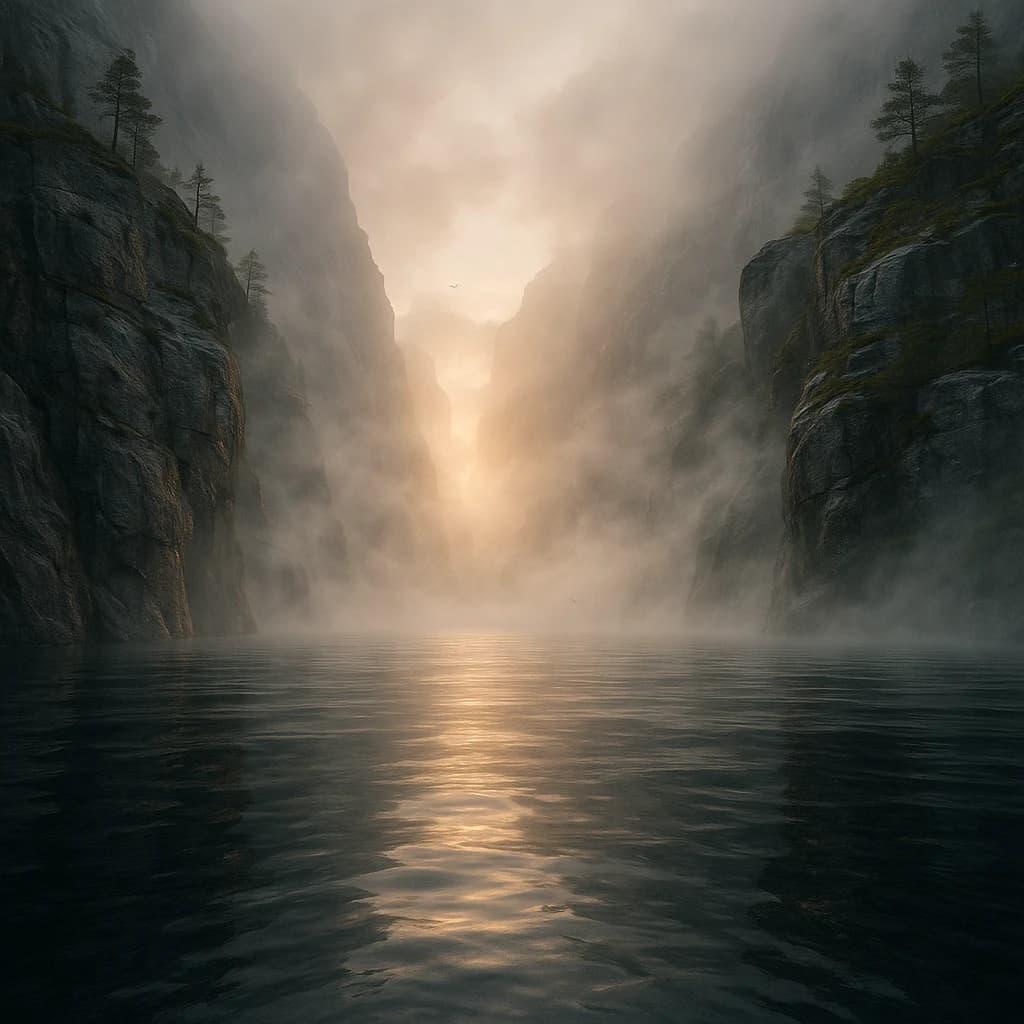 Frame a foggy fjord at sunrise, cliffs looming.