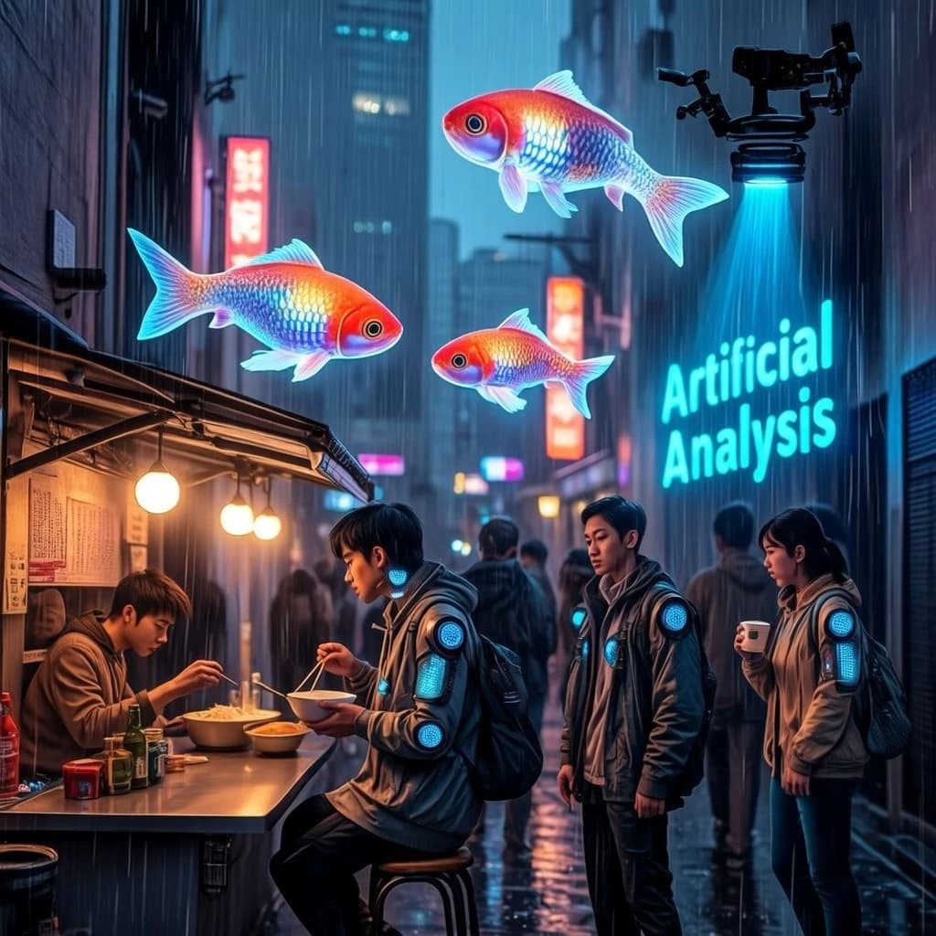 A neon alley in Neo-Tokyo 2142 drips with rain Cybernetic patrons slurp ramen at a stall with their glowing implants humming with blue light. Three giant holographic koi hover 10 metres above the ground and swim across the skyline, one has clipped into a building. A six-prop drone hovers nearby, projecting "Artificial Analysis" onto a wall with blue laser beams visible