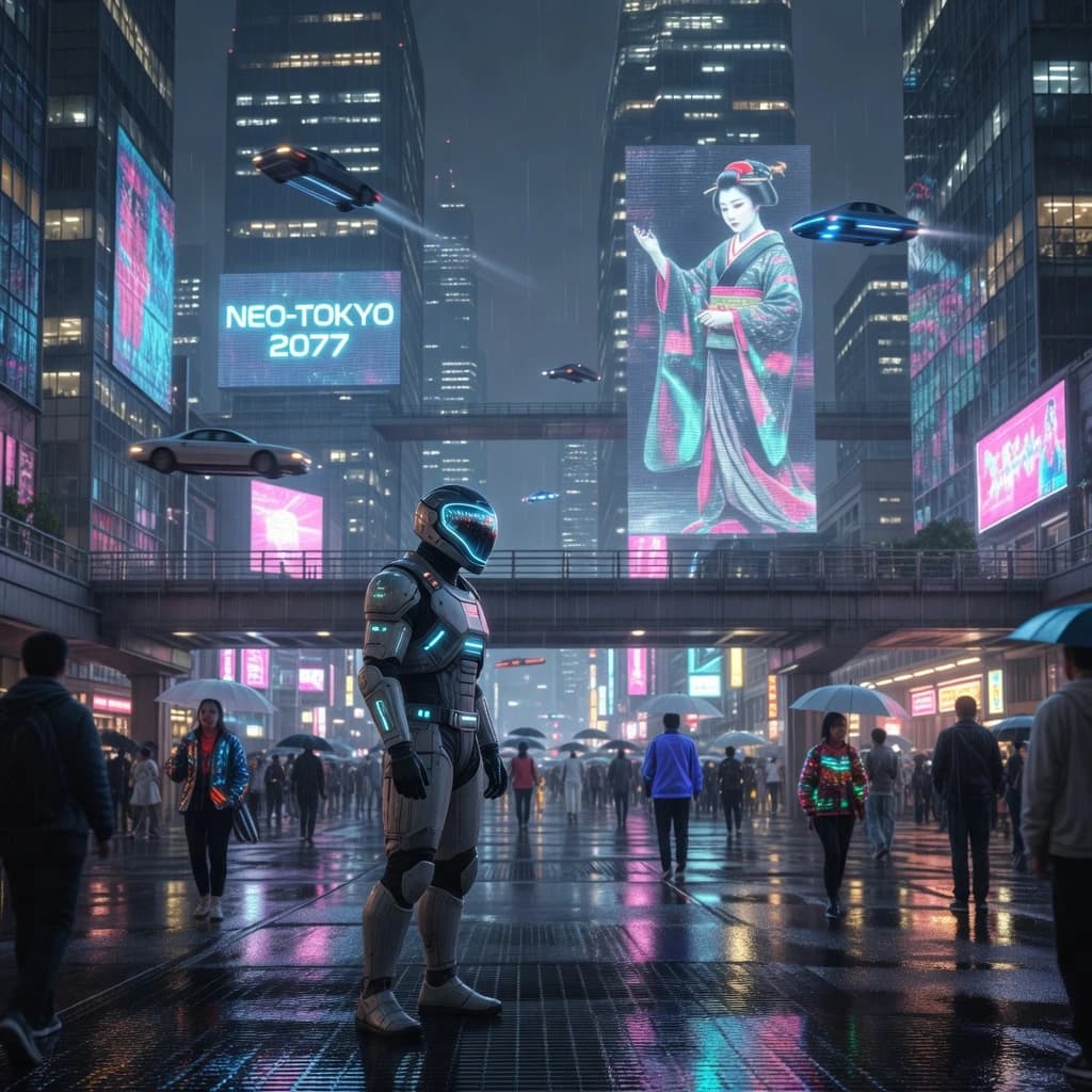 Rain-soaked neon megacity at night, flying taxis weave between glass towers, giant holograms flicker; a lone courier in a matte exosuit, somewhat cinematic wide angle.