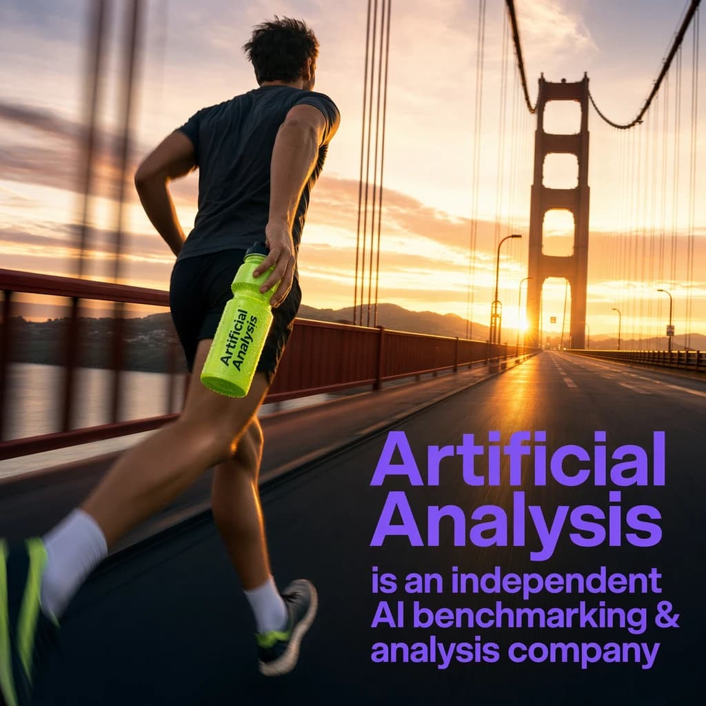 A runner dashes across the Golden Gate Bridge at dawn, sunlight streaming between cables. In their hand, they carry a neon-green sports drink with the brand name Artificial Analysis splashed boldly across the bottle. Motion blur emphasizes speed, while crisp purple sans serif typography overlays the bottom right of the scene with the tagline: Artificial Analysis is an independent AI benchmarking & analysis company