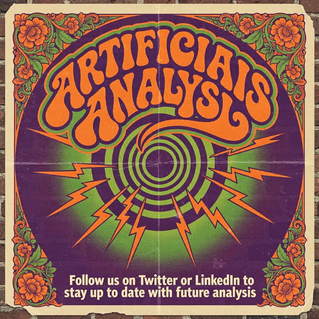 A portrait layout psychedelic concert poster from 1972 bathed in saturated oranges, deep purples, and acid greens. Swirling, hand-drawn typography arcs across the top, spelling out Artificial Analysis in bold, distorted letters that melt into spirals. Surrounded by radiating concentric circles and lightning-bolt motifs. The background is textured with halftone dots and faded paper creases, evoking a well-worn poster taped to a brick wall. Ornate floral borders frame the design, while the bottom features blocky retro lettering listing “Follow us on Twitter or LinkedIn to stay up to date with future analysis” in smaller text. 