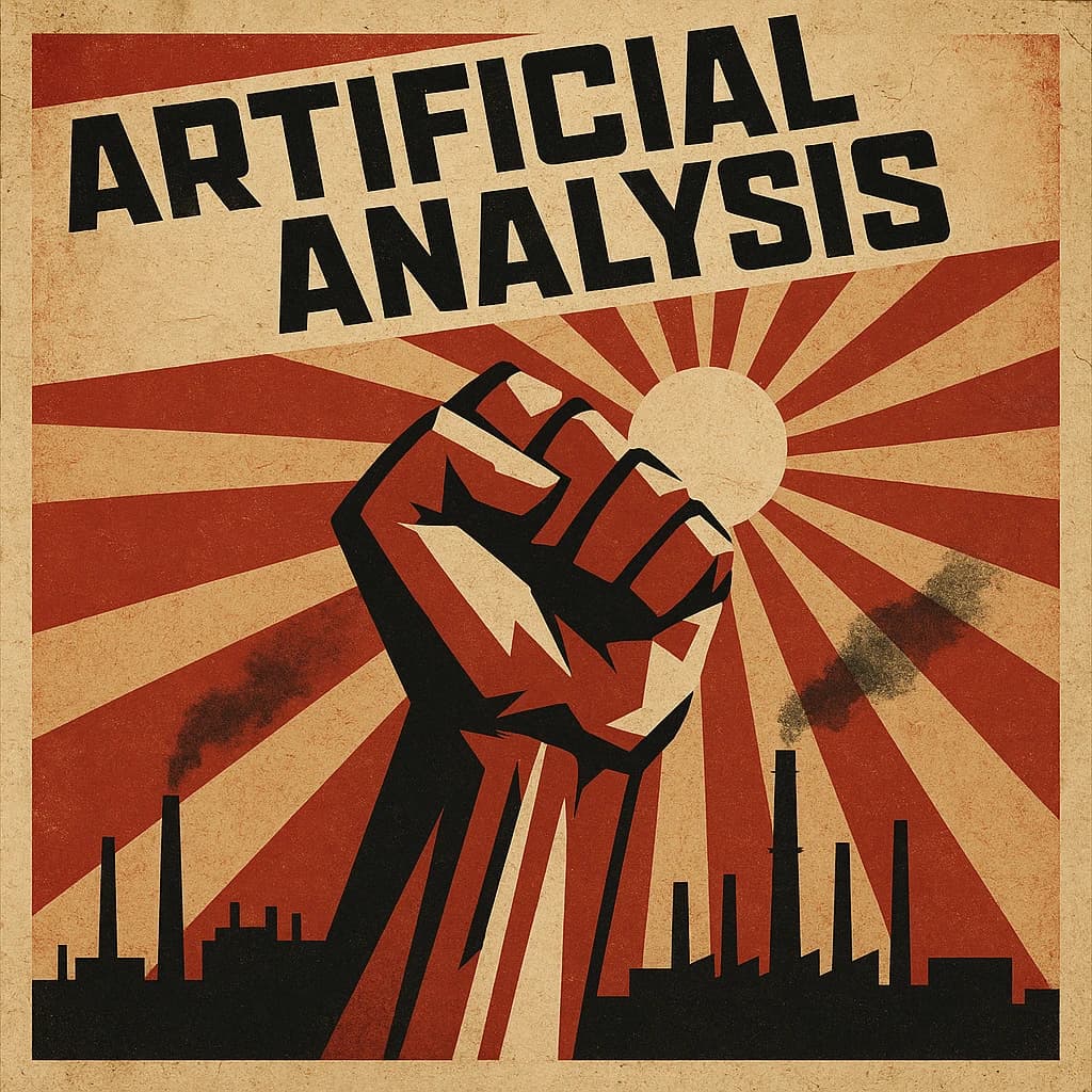 A propaganda poster in stark red, black, and beige. A clenched fist rises in the foreground, rendered with sharp geometric blocks. Behind it, radiating lines stretch upward toward a stylized sun. At the top, bold sans-serif lettering in Cyrillic-inspired type spells out Artificial Analysis, tilted at an angle for emphasis. A factory skyline silhouettes the bottom edge, smoke stacks rising into the background. The texture is rough, printed on aged paper with visible creases and ink bleed. Designed in the constructivist Soviet poster style.