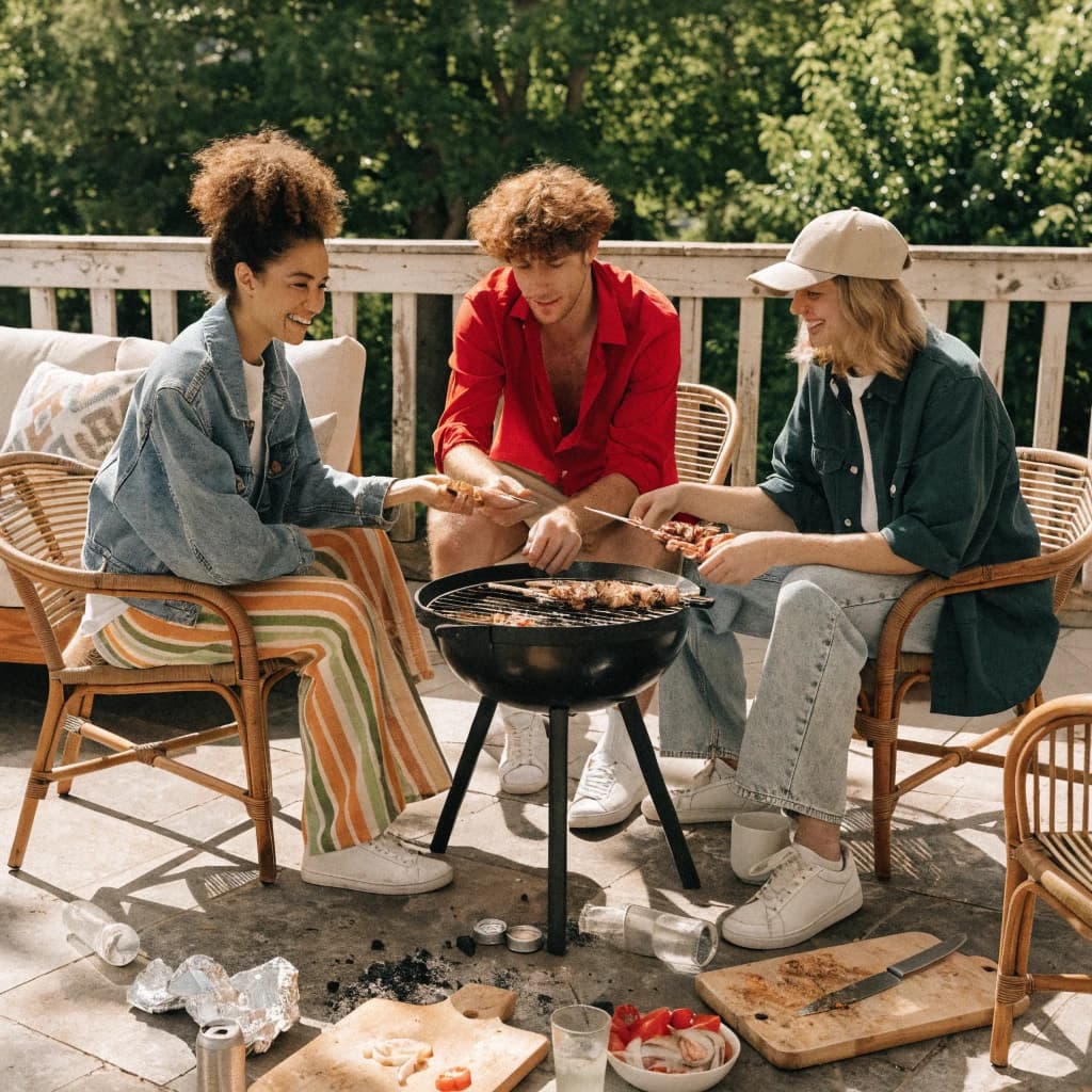 Friends grill skewers on a slightly messy patio.