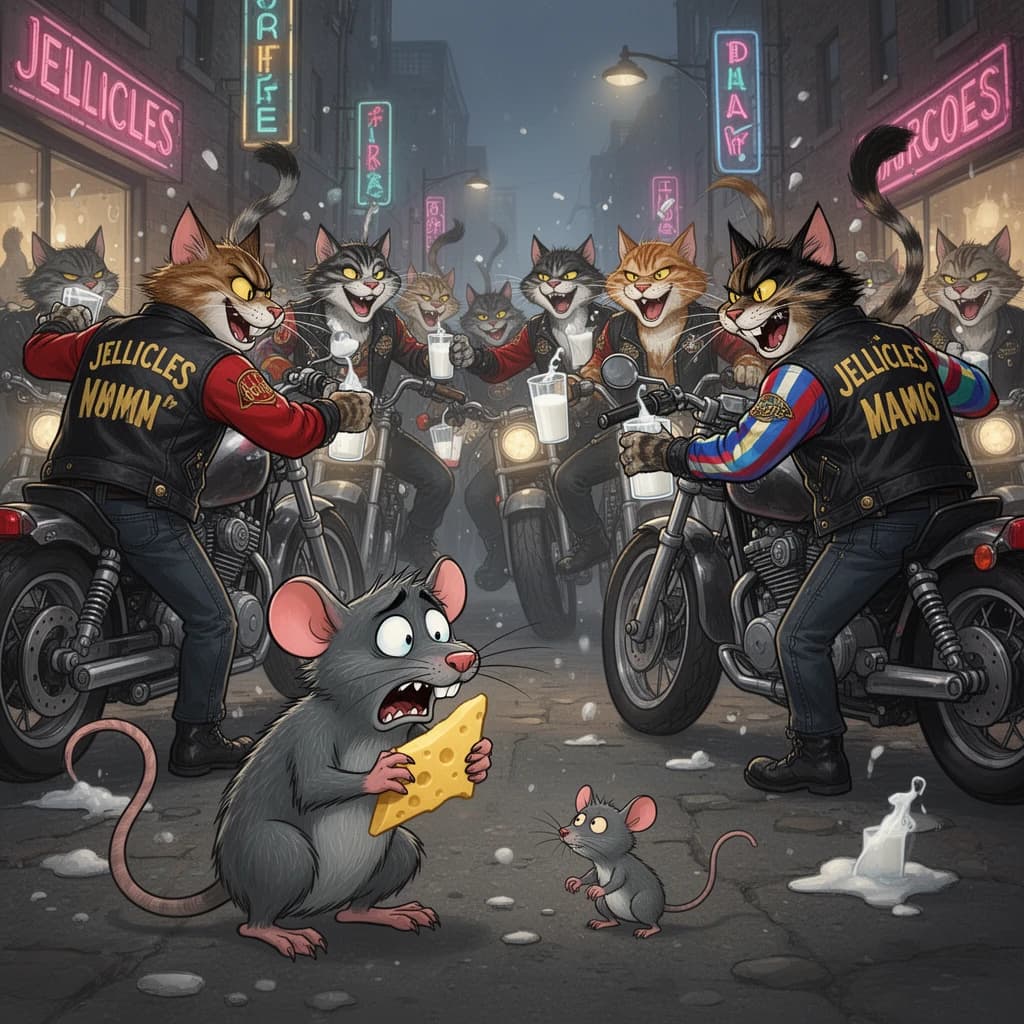 The cartoon rat clenches his thin wedge of cheese and trembles in fear as he hides from the menacing Jellicles, the roaming cat motorcycle gang, all wearing their colors with the name on the back. The cats have all drunk far too much milk and are causing a big ruckus! One cat is close to finding the rat