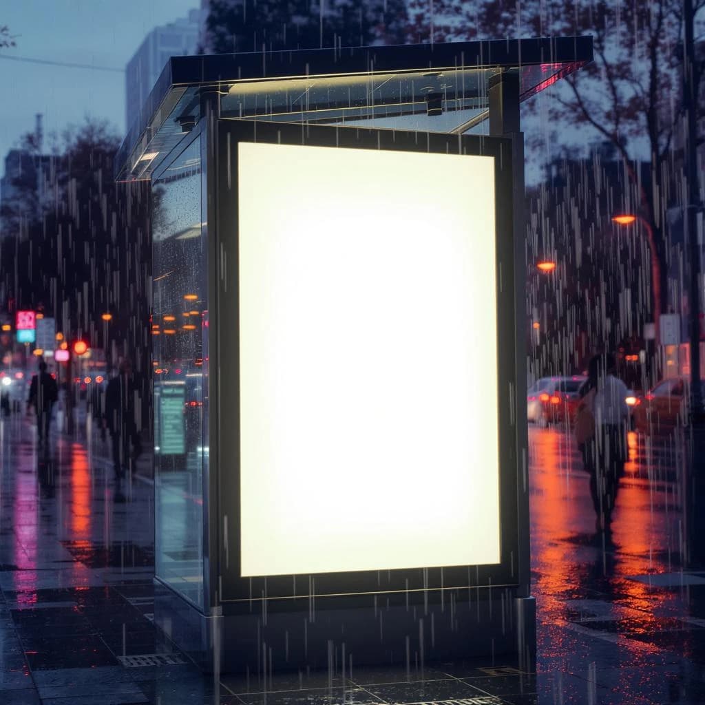 Show a billboard mockup at dusk: glass bus stop shelter, glowing lightbox, blank ad panel, city blur, raindrops, space for copy, looks premium but a bit gritty.