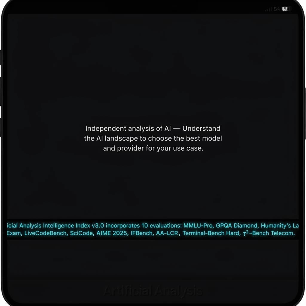 On a black smartphone UI with rounded corners, display a centered text block in white San Francisco font, 16pt: “Independent analysis of AI - Understand the AI landscape to choose the best model and provider for your use case.” Below, in neon cyan, monospace font, smaller size: “Artificial Analysis Intelligence Index v3.0 incorporates 10 evaluations: MMLU-Pro, GPQA Diamond, Humanity's Last Exam, LiveCodeBench, SciCode, AIME 2025, IFBench, AA-LCR, Terminal-Bench Hard, 𝜏²-Bench Telecom.” The second block scrolls horizontally as a ticker. The battery icon in the status bar shows 54%. The Artificial Analysis logo appears faintly, embossed into the bottom navigation bar.