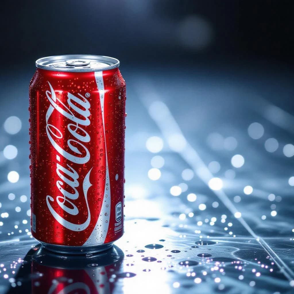A close-up ad shot of sparkling soda can on glossy acrylic, harsh top light.