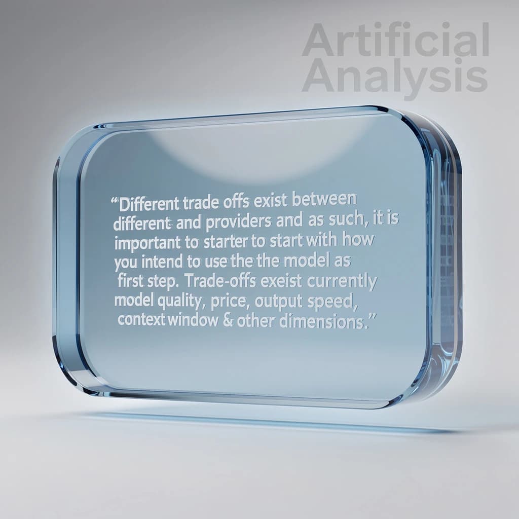 In a clear transparent blue glassy rounded box, etch "Different trade offs exist between different models and providers and as such, it is important to start with how you intend to use the model as the first step. Trade-offs exist currently between model quality, price, output speed, latency, context window & other dimensions. " in sans serif medium weight text. Artificial Analysis is watermarked over the top right 