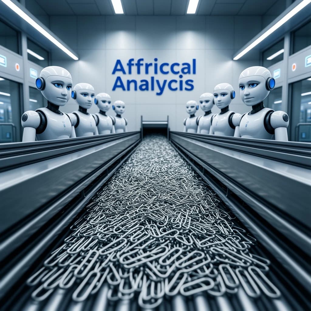 Close up point of view perspective on a conveyor belt pumping out paperclips at a maddening pace. The high tech factory has Artificial Analysis printed proudly on the wall. Robot staff look approvingly over the robust output.