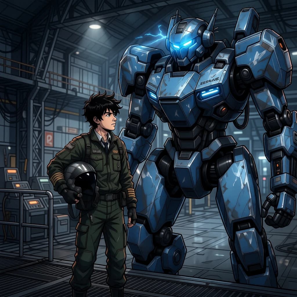 A teenage pilot grips his helmet under one arm, standing at the edge of a glowing hangar bay. Before him looms a sleek, steel-blue mech, its eyes lit with a cold electric glare. His school uniform is rumpled, a sharp contrast to the machine’s flawless plating. The vast scale engulfs him in shadow, emphasizing both awe and dread. Hand-drawn anime style.