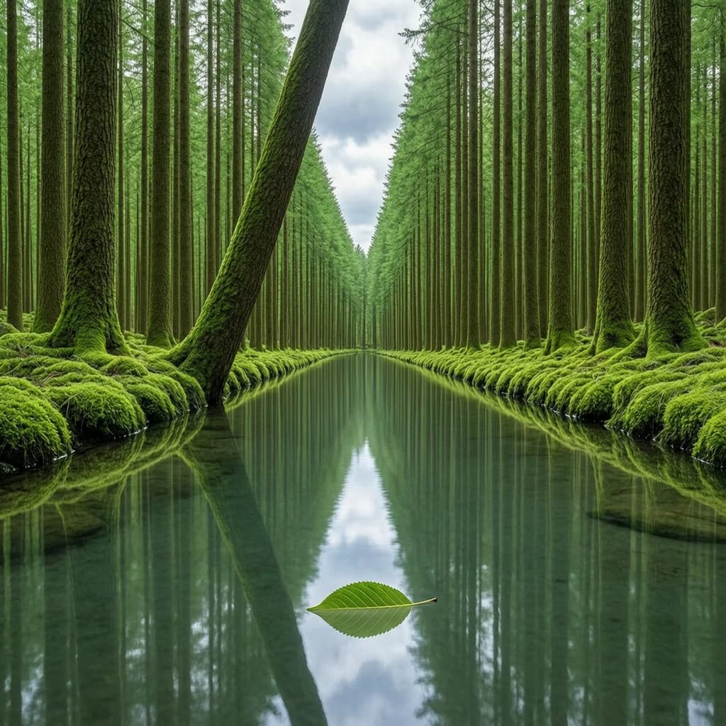 The forest is saturated green, trees identical in height and width, trunks straight, bark texture repeating. One trunk leans diagonally yet the branches remain vertical. The moss is emerald, glistening, though each patch forms identical diamond shapes. A stream runs straight, perfectly linear, water clear, reflecting clouds not visible in the sky. No animals, no insects, but one leaf floats on the water, doubled, showing two overlapping shadows.