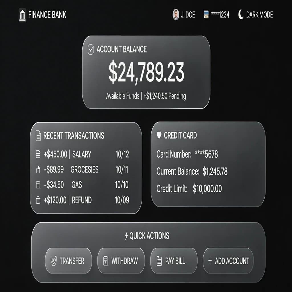 Dark mode banking dashboard with glassmorphism.