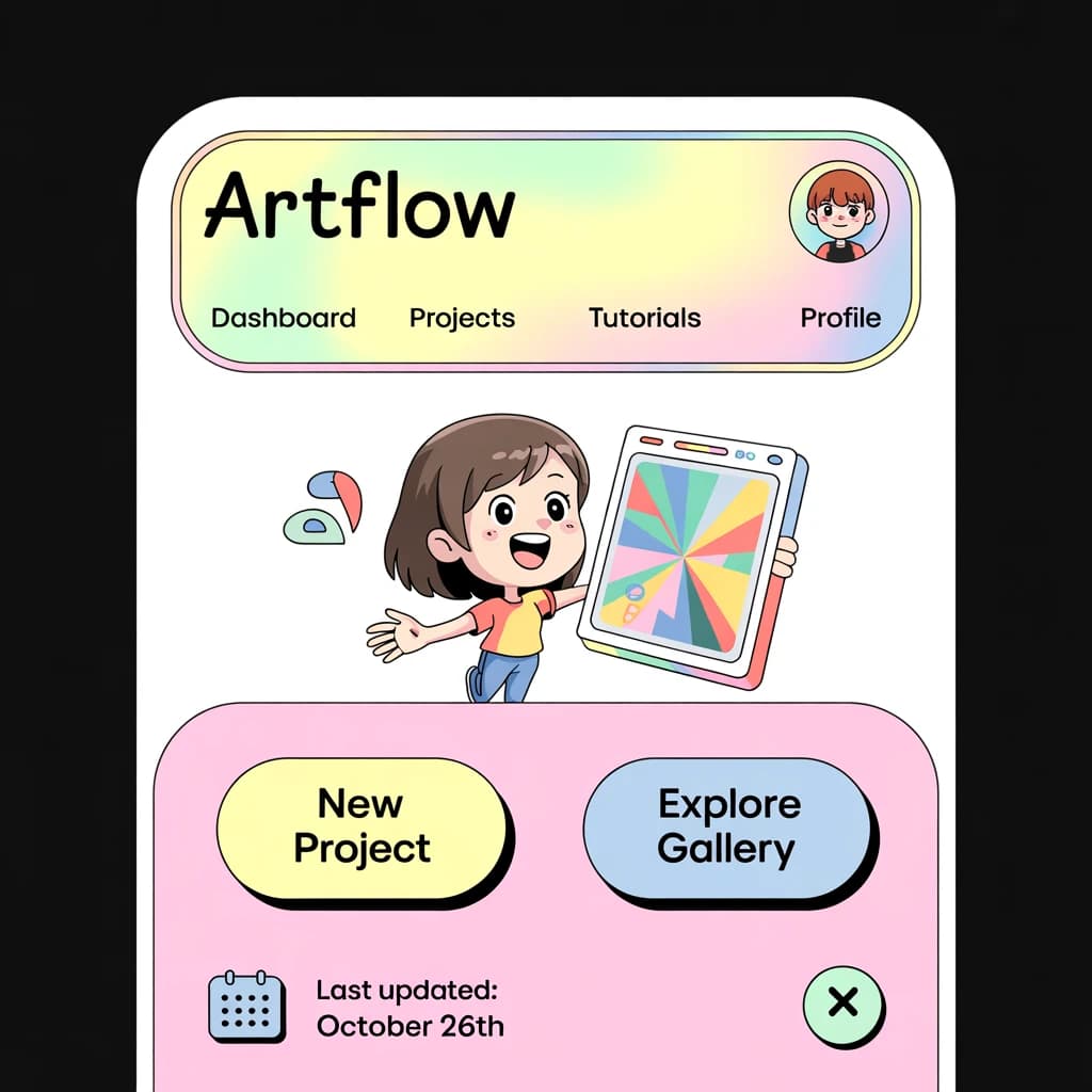 A chibi artist crafts a sleek mobile dashboard, neon pastel glow.