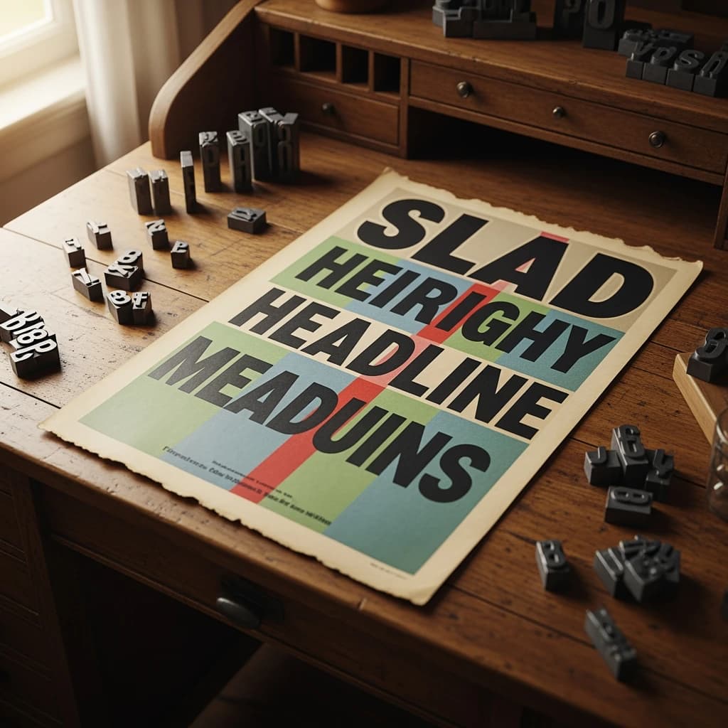 A vintage letterpress poster on a wooden desk: bold slab serif headline, tight kerning, misregistered ink, slightly worn edges, scattered metal type, soft window light.