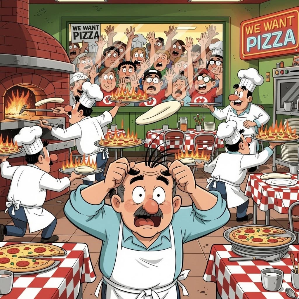Pasquale is pulling his few remaining hairs out over a disaster at the pizzeria - the cooks are working as fast as they can but the crowds outside are swelling and they demand hot hot pizza! They are banging on the glass and some are wearing "we want pizza" shirts. 1980s western TV animation style.