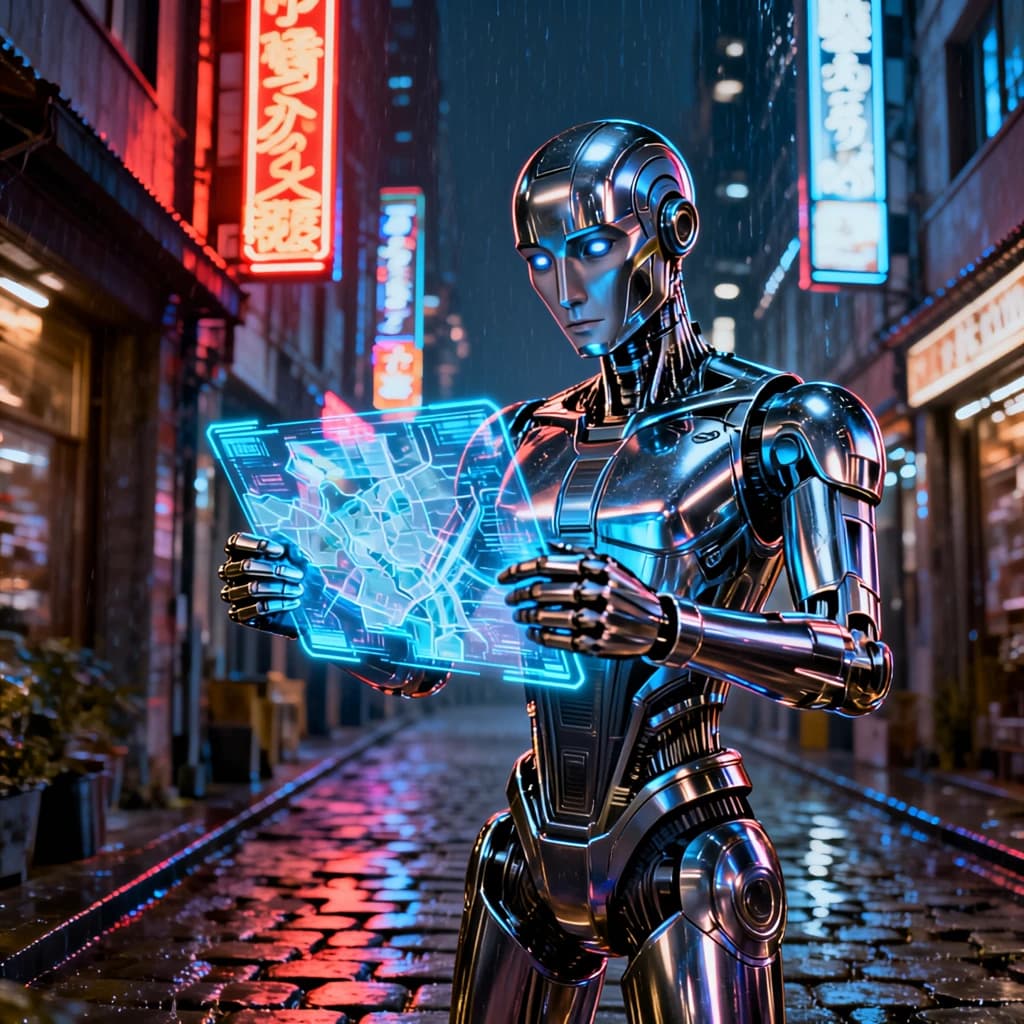 Neon-lit Tokyo alley, rain-slick cobblestones, a chrome android checks a map.