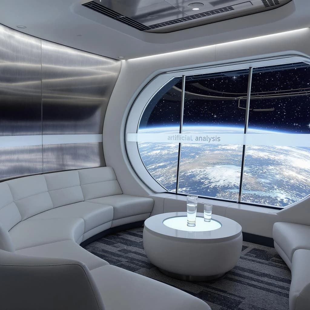 The orbital lounge has brushed aluminum walls and pale leather banquettes. Low white tables are inset with glowing touchscreens. Drinks are clear, flavorless, in tall unmarked glasses. The viewport is floor-to-ceiling, showing Earth moving slowly beneath. The word Artificial Analysis is etched discreetly on the glass in a frosted band.