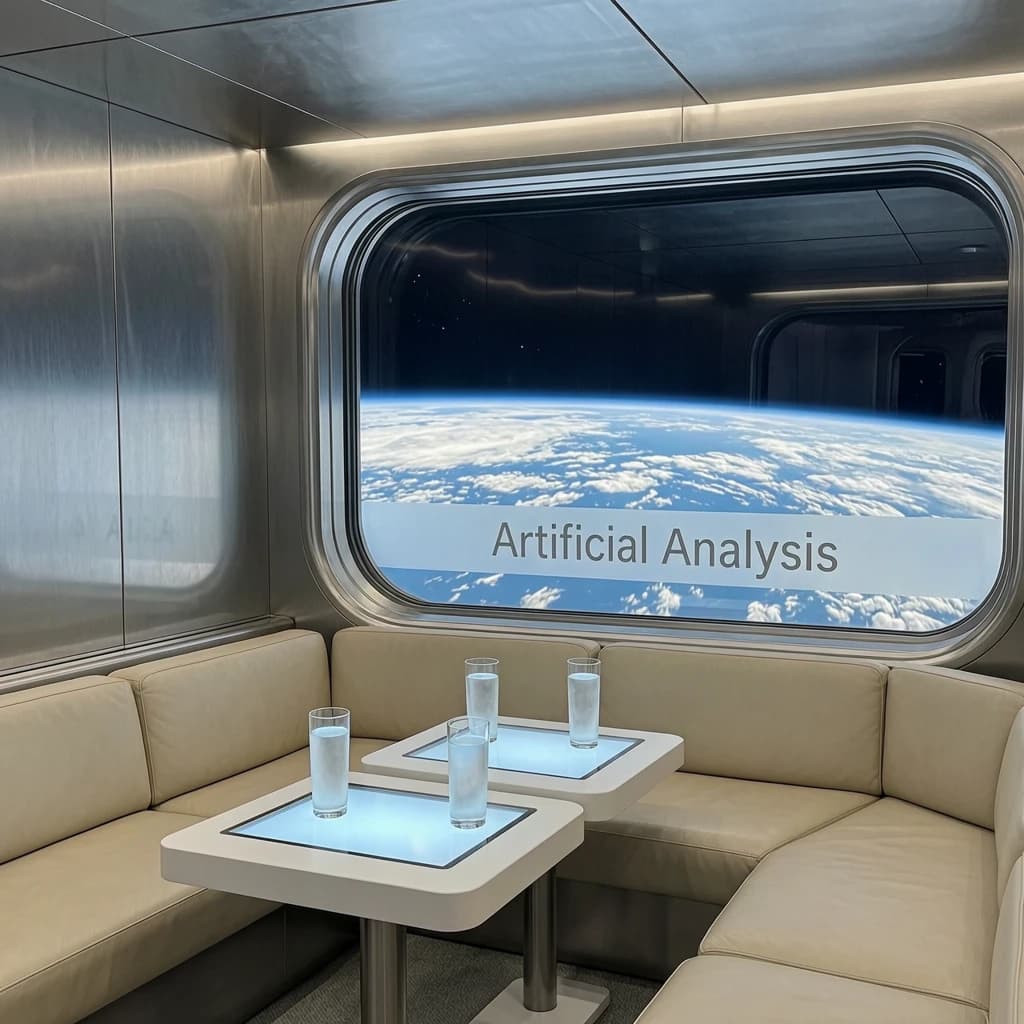 The orbital lounge has brushed aluminum walls and pale leather banquettes. Low white tables are inset with glowing touchscreens. Drinks are clear, flavorless, in tall unmarked glasses. The viewport is floor-to-ceiling, showing Earth moving slowly beneath. The word Artificial Analysis is etched discreetly on the glass in a frosted band.