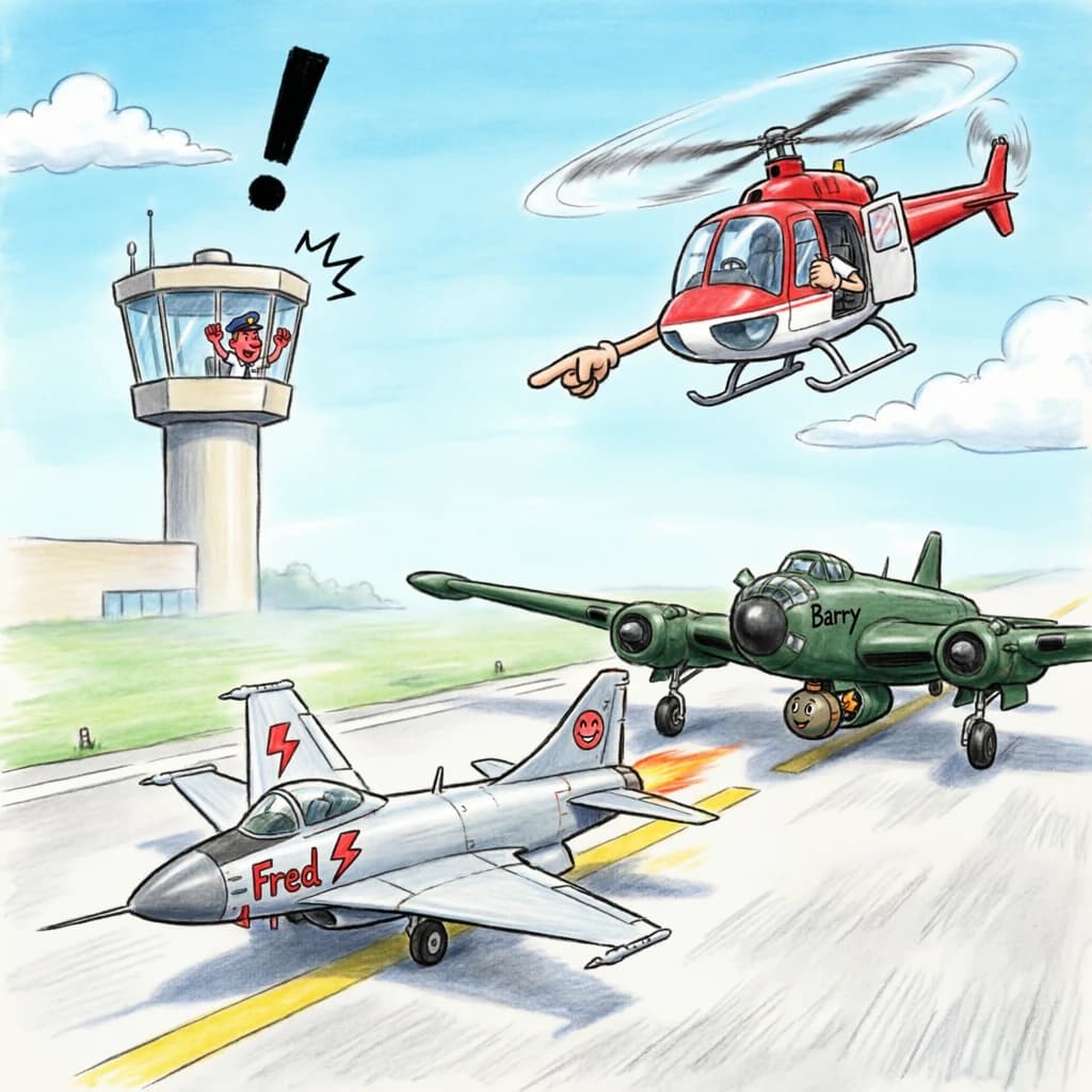 Almost at the runway, Fred the Fighter Jet is racing with Barry the Bomber to see who lands first. Fred has a mischievous trick up his sleeve but Hermione the Helicopter is going to stop him before he gets the chance. The control tower is very angry and has a big exclamation mark. Hand drawn cel look