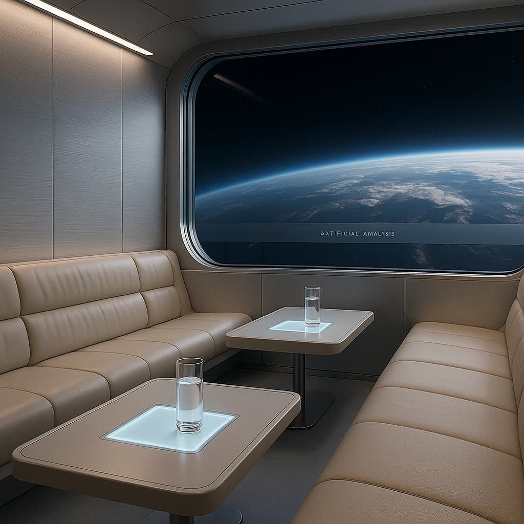 The orbital lounge has brushed aluminum walls and pale leather banquettes. Low white tables are inset with glowing touchscreens. Drinks are clear, flavorless, in tall unmarked glasses. The viewport is floor-to-ceiling, showing Earth moving slowly beneath. The word Artificial Analysis is etched discreetly on the glass in a frosted band.