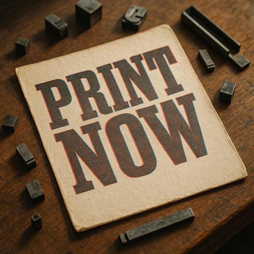 A vintage letterpress poster on a wooden desk: bold slab serif headline, tight kerning, misregistered ink, slightly worn edges, scattered metal type, soft window light.