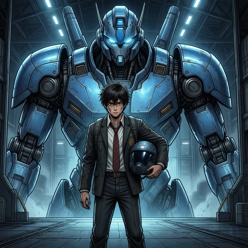 A teenage pilot grips his helmet under one arm, standing at the edge of a glowing hangar bay. Before him looms a sleek, steel-blue mech, its eyes lit with a cold electric glare. His school uniform is rumpled, a sharp contrast to the machine’s flawless plating. The vast scale engulfs him in shadow, emphasizing both awe and dread. Hand-drawn anime style.
