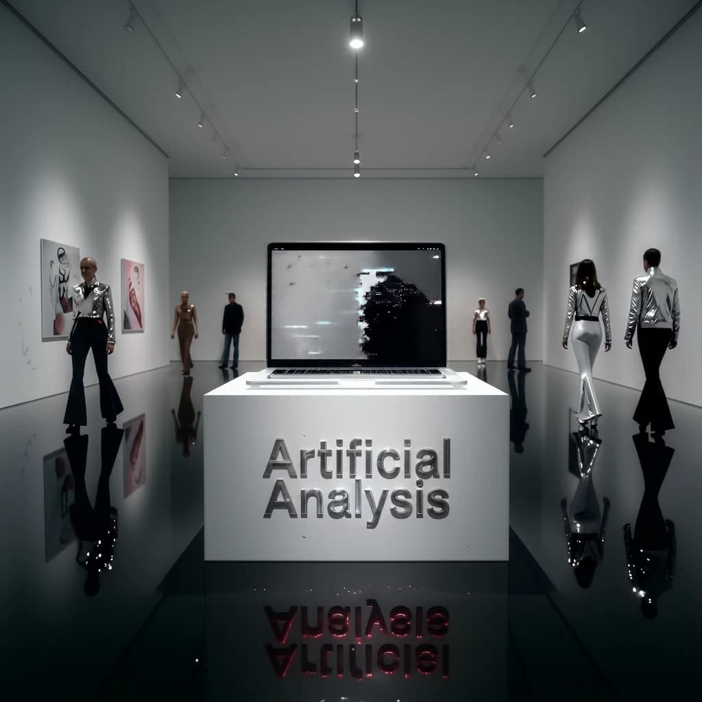 In a spotless gallery space, a pedestal supports a transparent laptop whose screen flickers between static and pristine brand imagery. Shoppers blur past in designer clothes that appear slightly outdated - bell bottoms, metallic jackets. The embossed logo “Artificial Analysis” glints silver, yet its reflection in the glass floor reads in crimson letters. A single spotlight shines, though shadows fall in two directions.