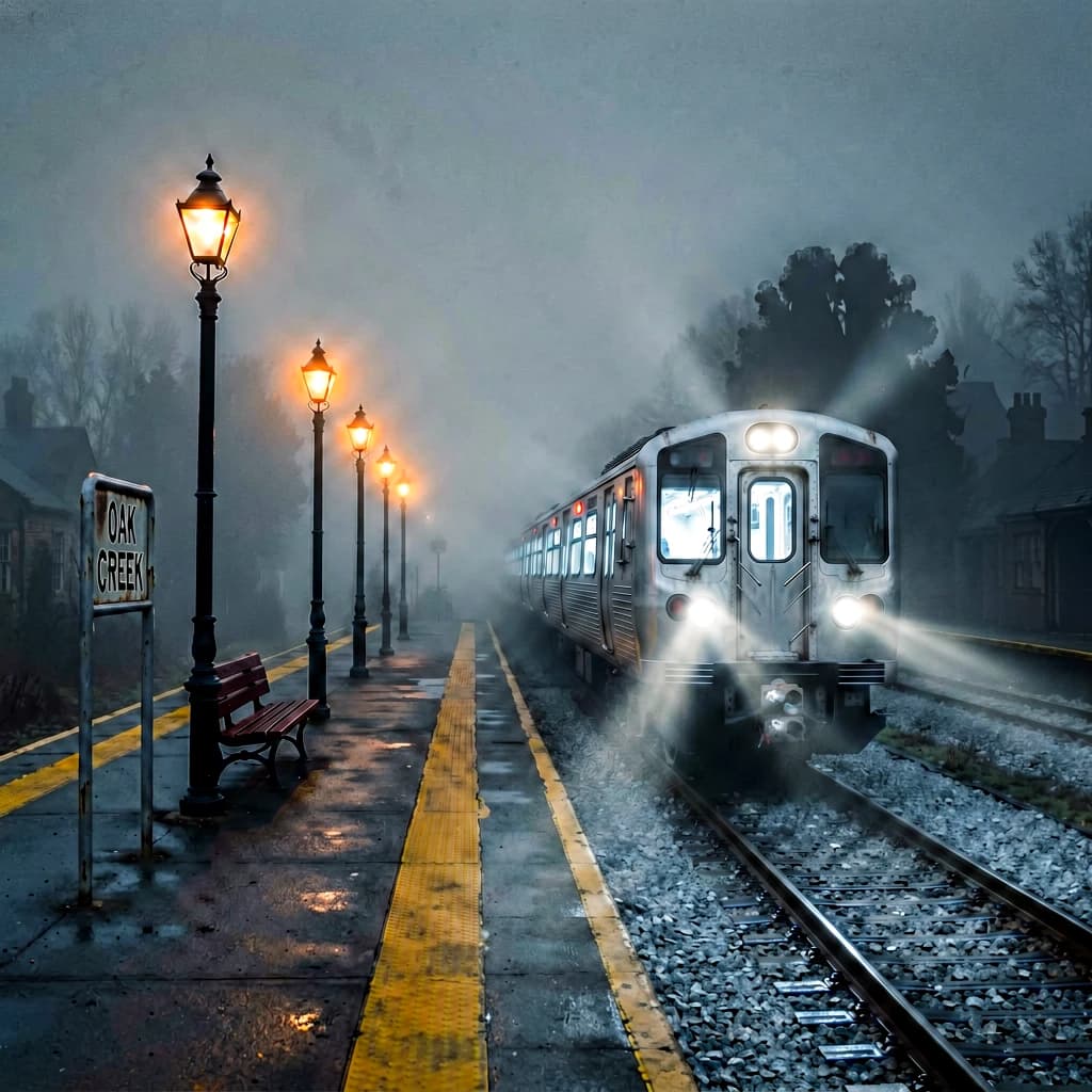 A commuter train enters a foggy little station.