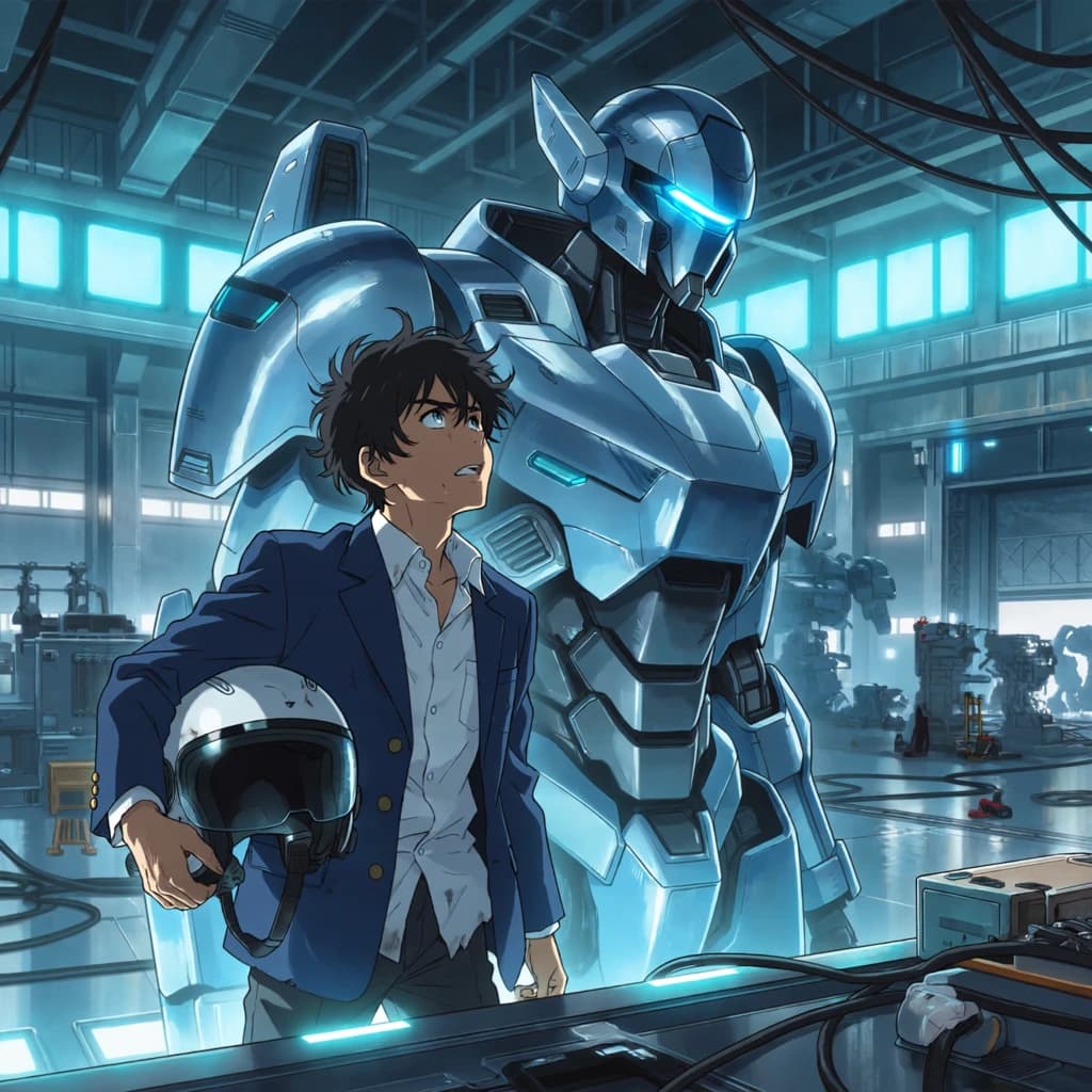 A teenage pilot grips his helmet under one arm, standing at the edge of a glowing hangar bay. Before him looms a sleek, steel-blue mech, its eyes lit with a cold electric glare. His school uniform is rumpled, a sharp contrast to the machine’s flawless plating. The vast scale engulfs him in shadow, emphasizing both awe and dread. Hand-drawn anime style.