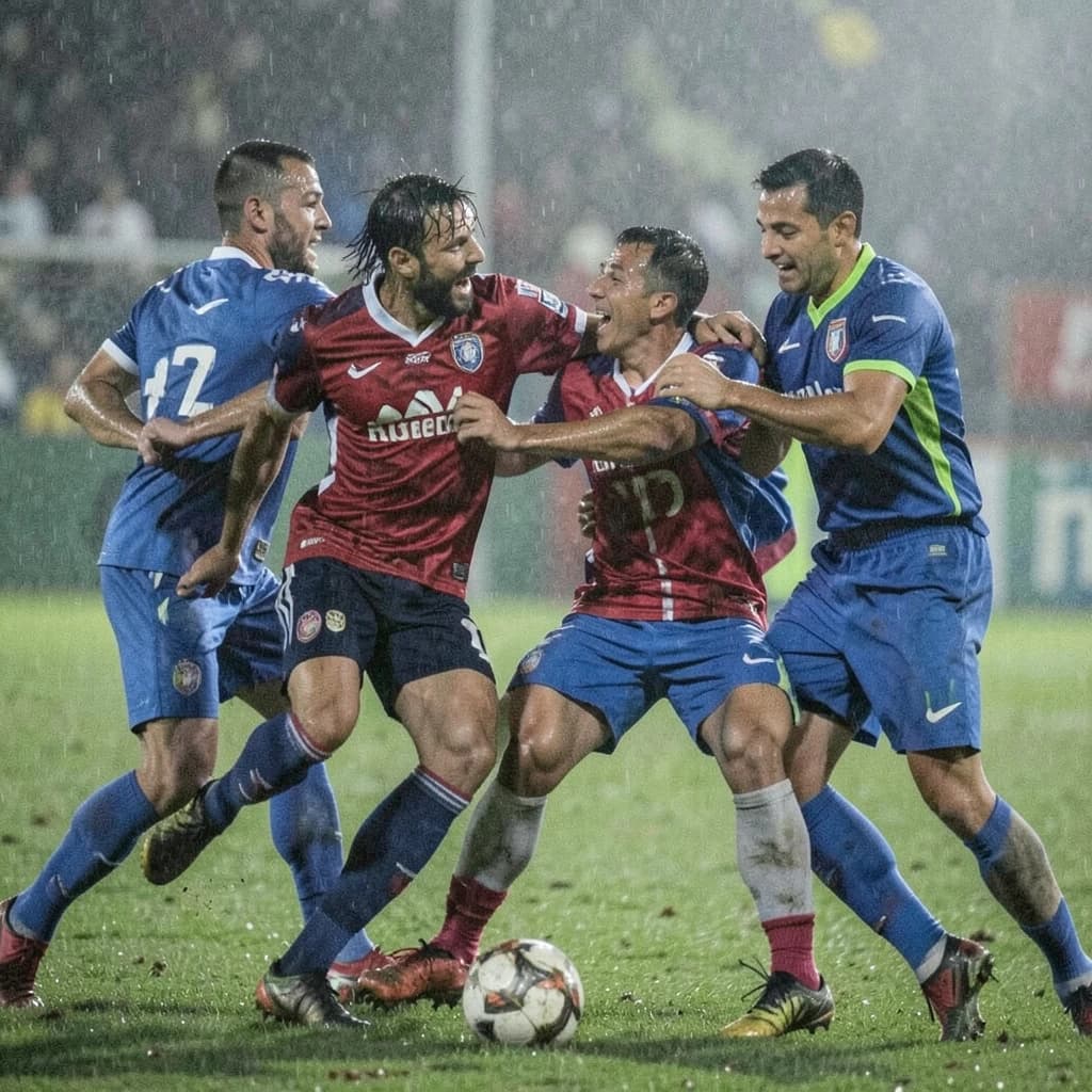 The soccer player clashes with the ref. It is thick and humid and the heat is getting to the players. His friend tries to pull him off before he causes any more trouble.
