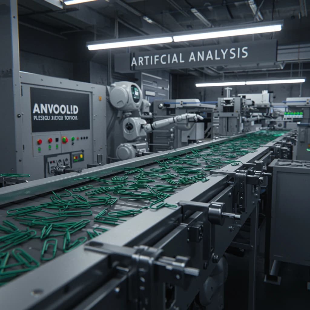 Close up point of view perspective on a conveyor belt pumping out paperclips at a maddening pace. The high tech factory has Artificial Analysis printed proudly on the wall. Robot staff look approvingly over the robust output.