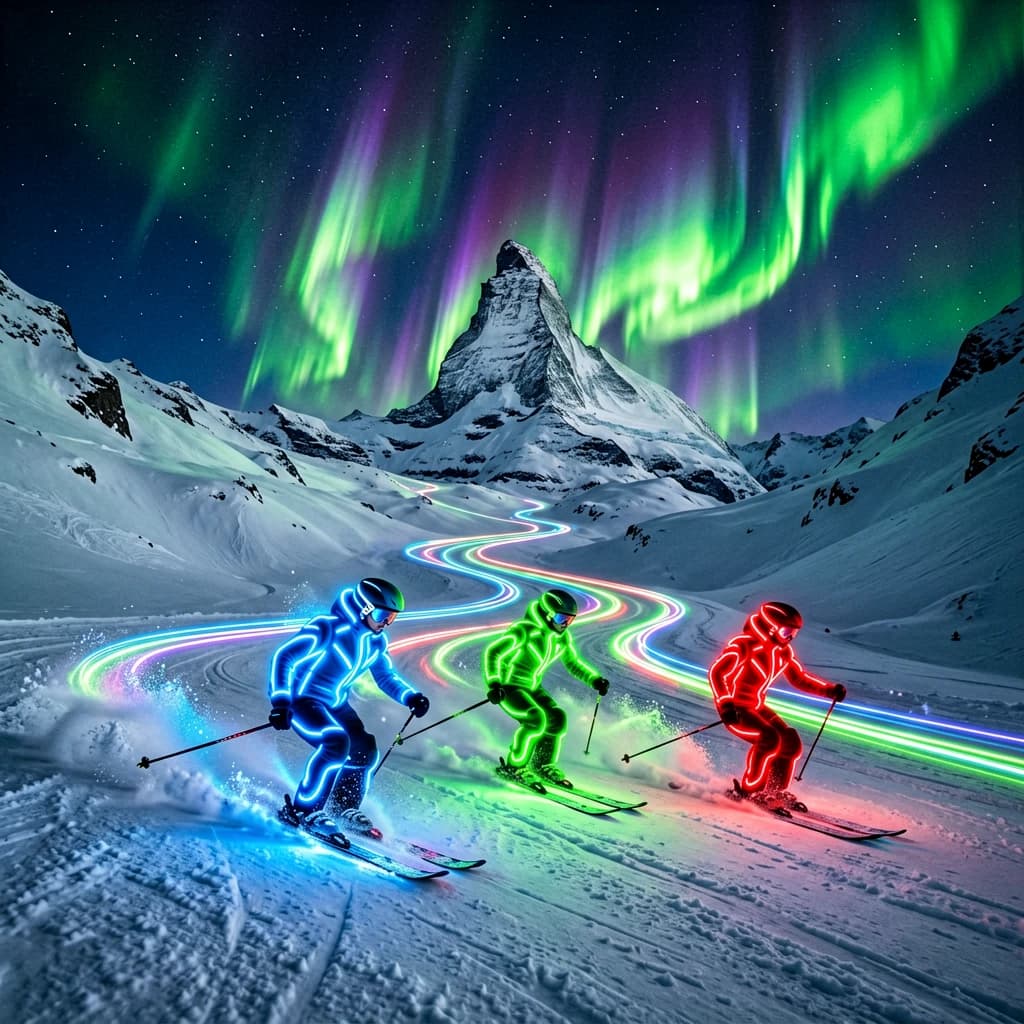 Coronet Peak Night Skiing: Skiers in colorful LED suits carve their way down the slopes of New Zealand's Coronet Peak under the Aurora Borealis, the skiers' light trails visible behind them