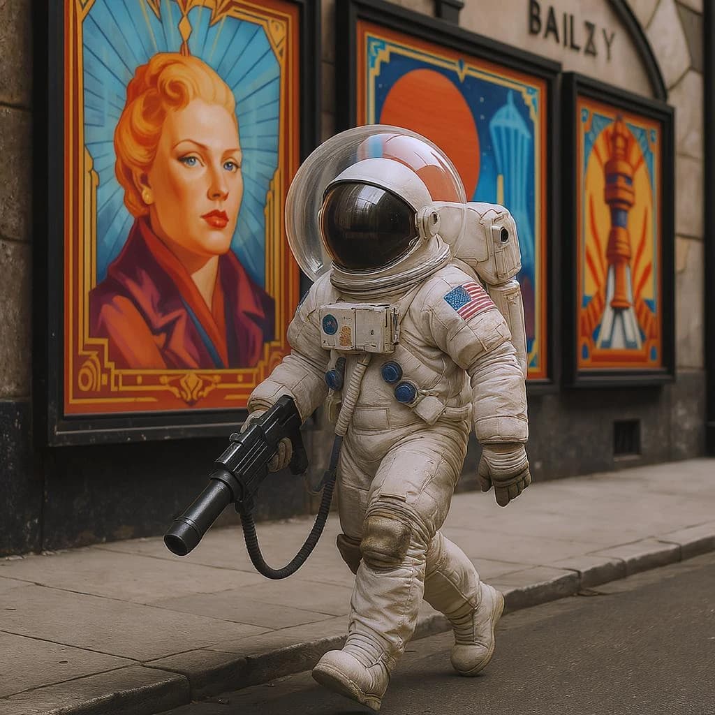 Raygun-toting astronaut in a bubble helmet strolls past art deco billboards.