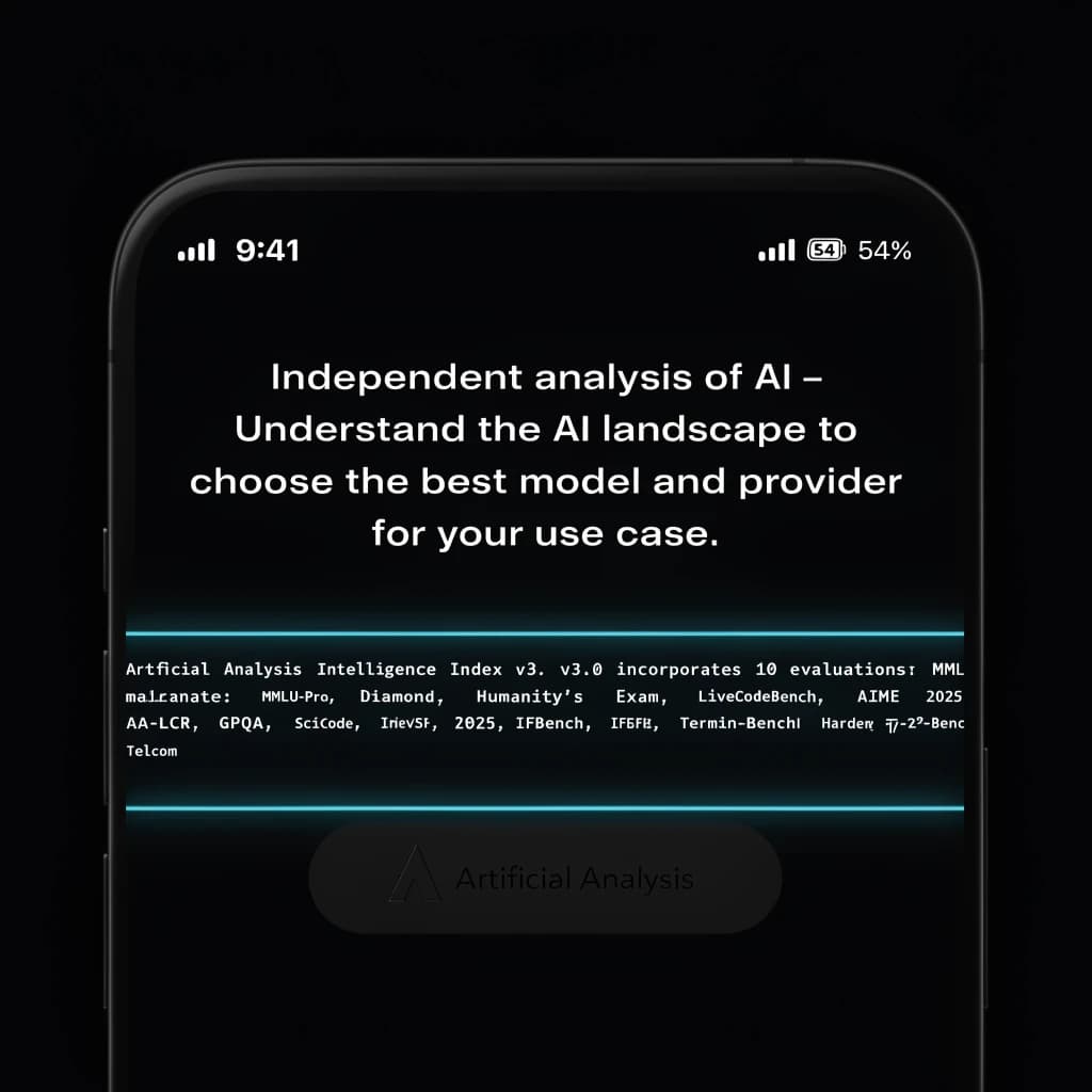 On a black smartphone UI with rounded corners, display a centered text block in white San Francisco font, 16pt: “Independent analysis of AI - Understand the AI landscape to choose the best model and provider for your use case.” Below, in neon cyan, monospace font, smaller size: “Artificial Analysis Intelligence Index v3.0 incorporates 10 evaluations: MMLU-Pro, GPQA Diamond, Humanity's Last Exam, LiveCodeBench, SciCode, AIME 2025, IFBench, AA-LCR, Terminal-Bench Hard, 𝜏²-Bench Telecom.” The second block scrolls horizontally as a ticker. The battery icon in the status bar shows 54%. The Artificial Analysis logo appears faintly, embossed into the bottom navigation bar.